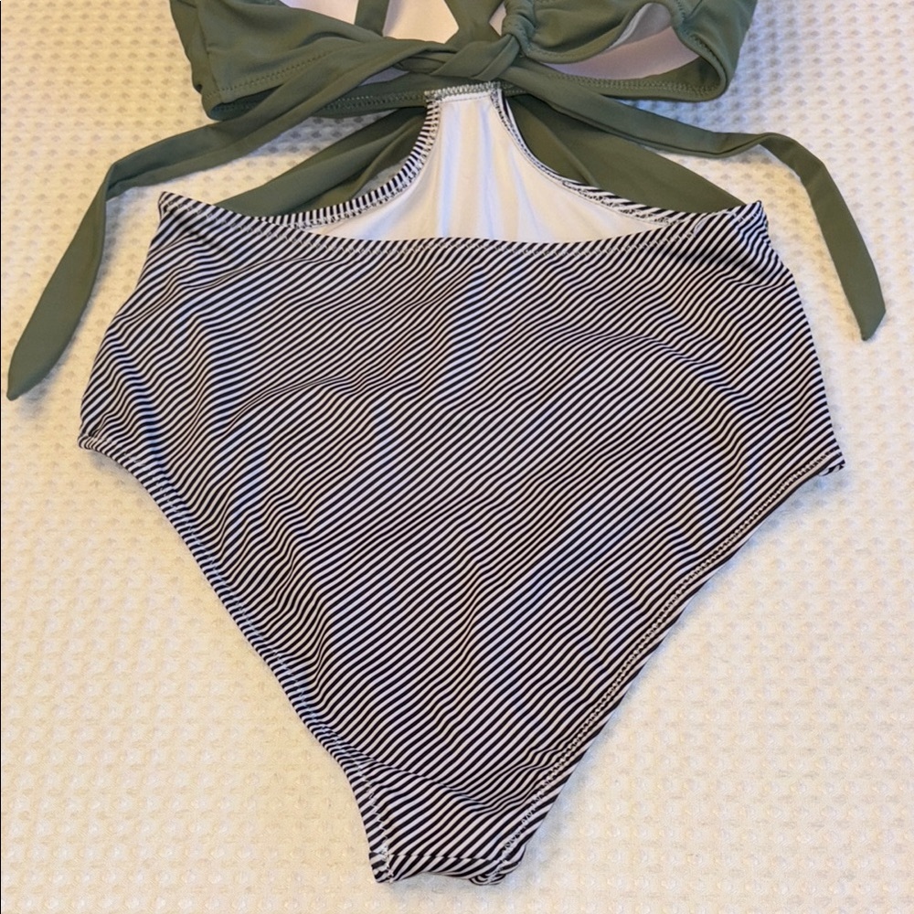 Medium Olive Sage Green Black White Striped Monokini One Piece Swimsuit - Picture 9 of 16